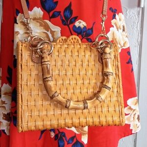 Serpui Paola Wicker Bag with Bamboo handles & strap. MSRP $398